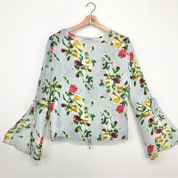 Milly Maggie Rose Print 100% Silk Bell Sleeve Lightweight Blouse - Picture 12 of 16